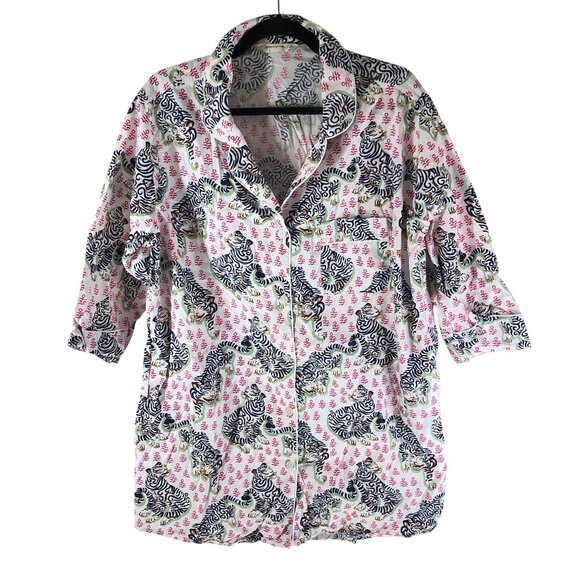 Printfresh Tiger Queen Night Shirt Nightgown Button Front White Pink M - Picture 1 of 4